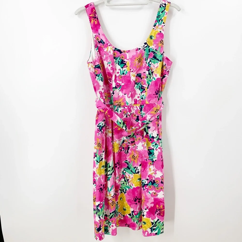 Ann Klein Bright Pink Floral Tie Belt Fit and Flare Dress Retro Style Sz 4